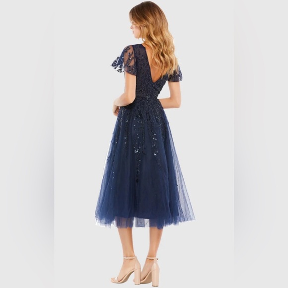 NEW MAC DUGGAL Embellished Flutter Sleeve Tea-Length Dress Midnight Navy 20304 - Picture 4 of 9
